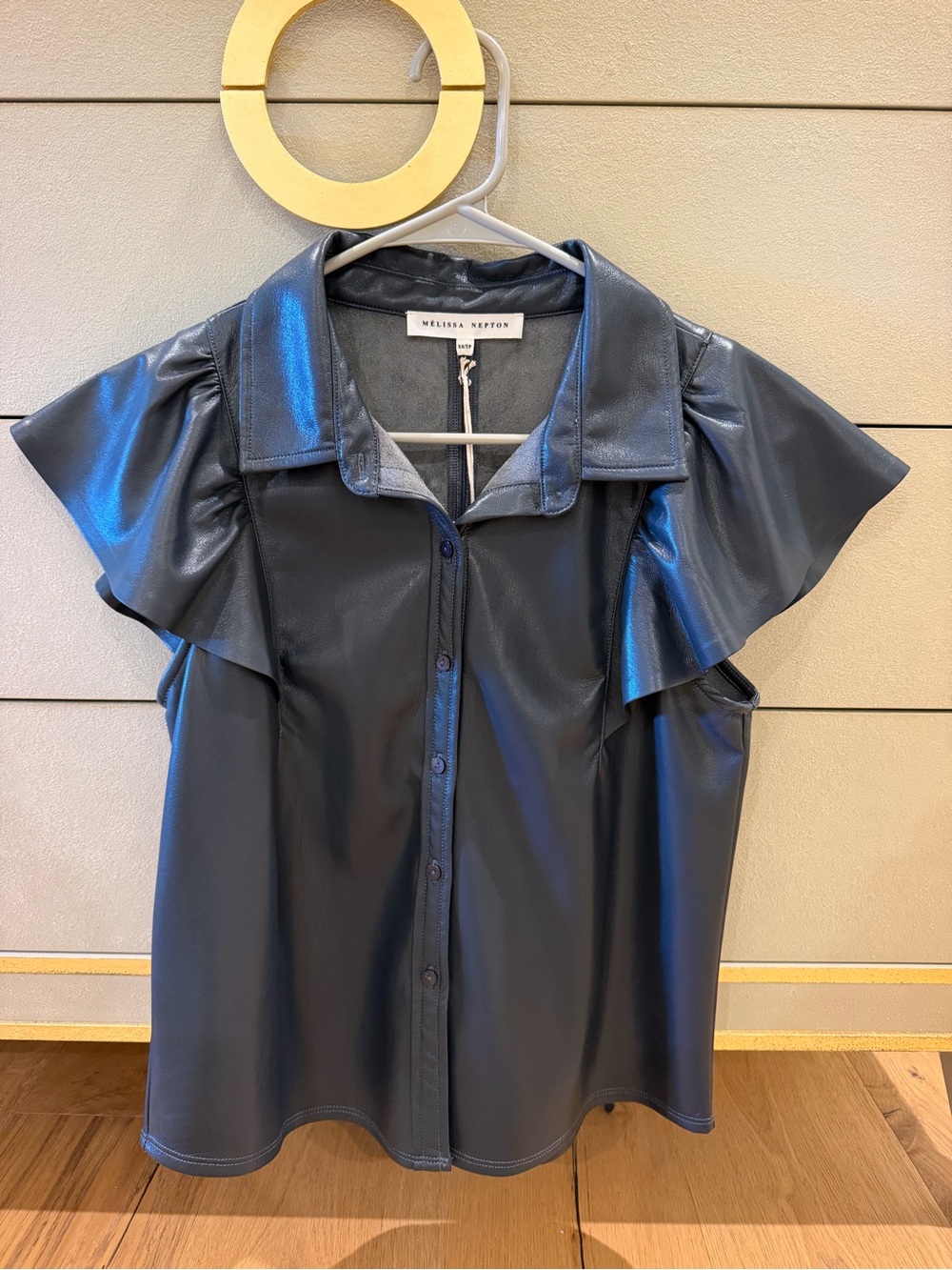 MELISSA NEPTON Navy Faux Leather Ruffle Sleeve Blouse